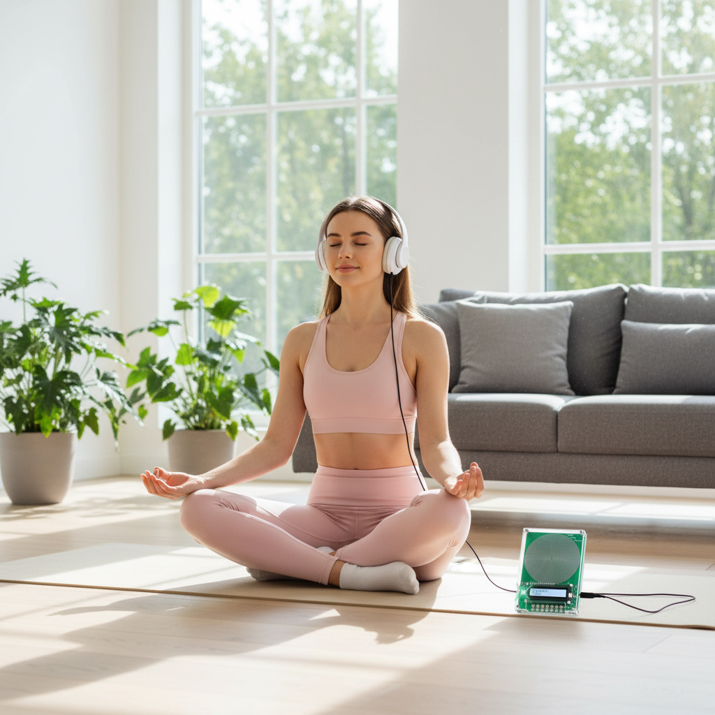 Frau meditiert mit Kopfhörern und Gerät
