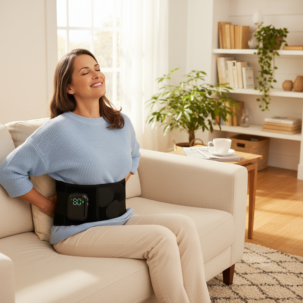 Frau mit schwarzem Massagegürtel