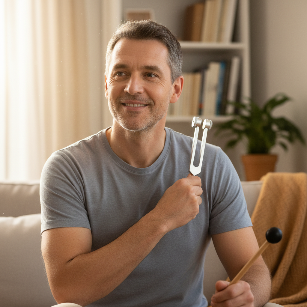 Kunde mit Stimmgabel an der Schulter