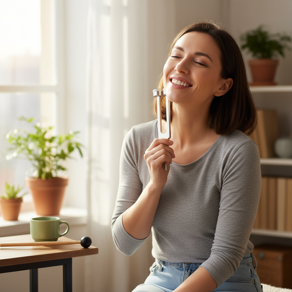 Kundin mit Stimmgabel am Nacken