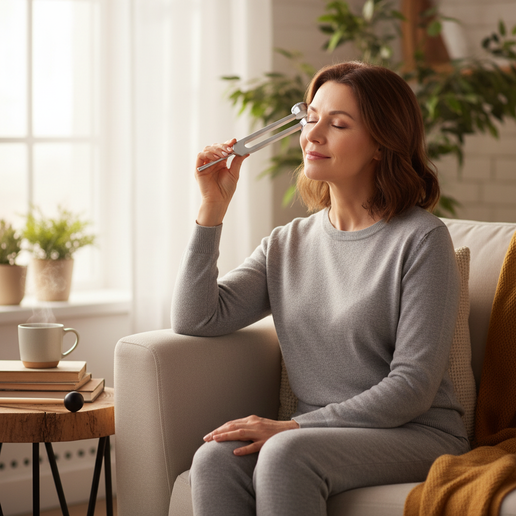 Kundin mit Stimmgabel an der Schläfe