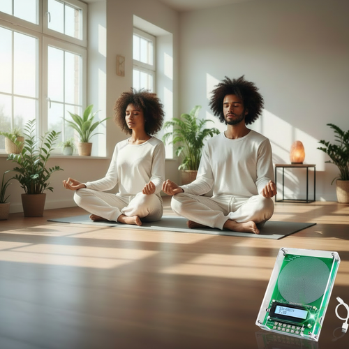 Mann und Frau meditieren mit BodyResonance Gerät
