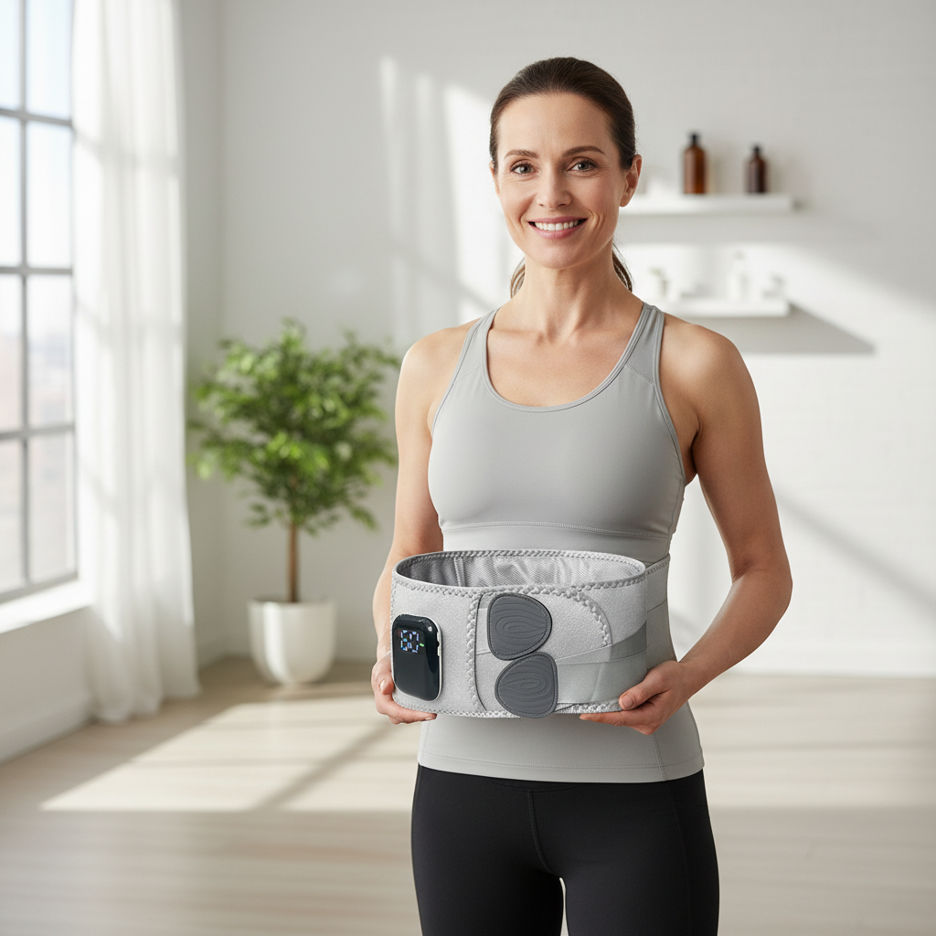 Sportliche Frau zeigt das Produkt