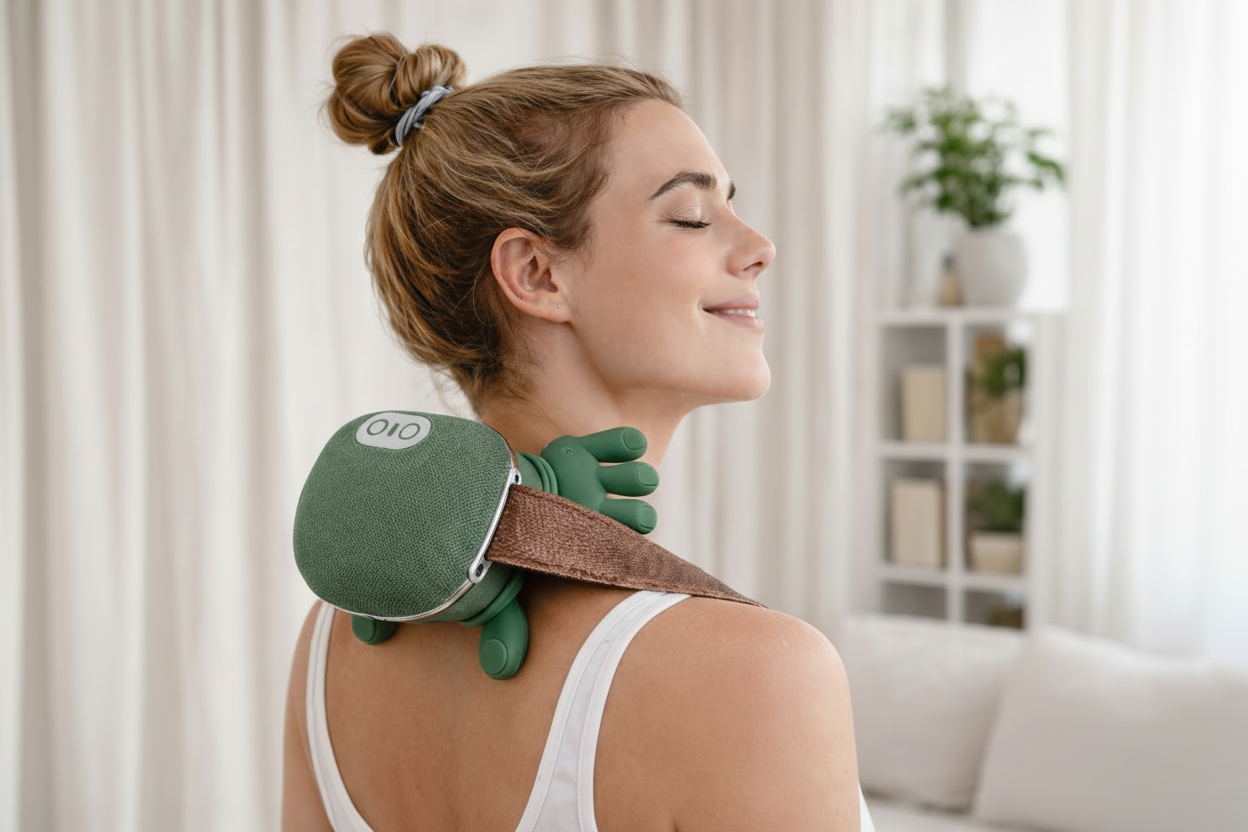 Ultra-scharfe Version - Frau mit Nackenmassagegerät