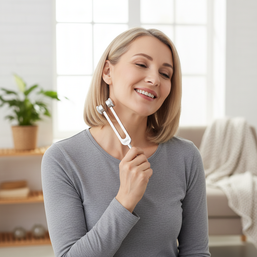 Zufriedene Kundin mit Stimmgabel am Nacken